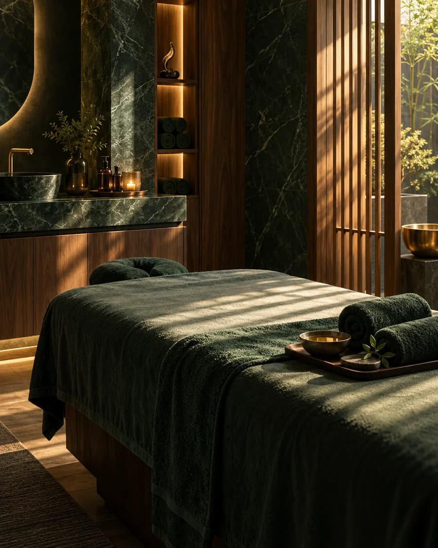 Không gian spa xanh trầm đón ánh nắng buổi sáng