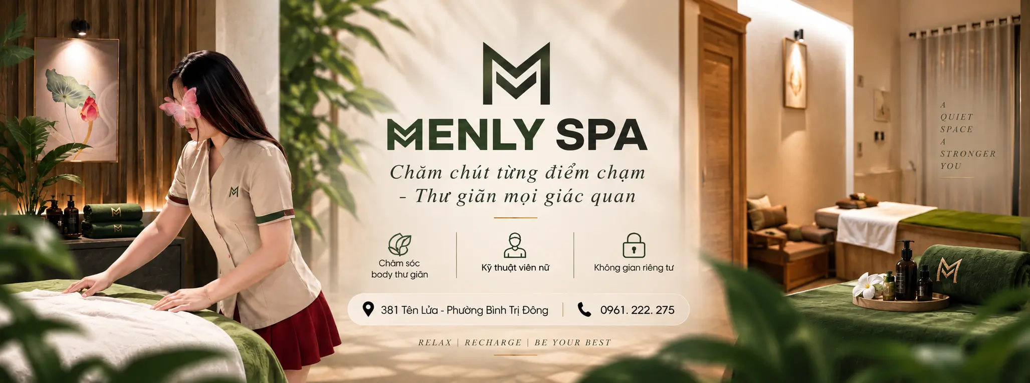 Không gian trị liệu với đá tối, nan gỗ sẫm và ánh sáng vàng ấm